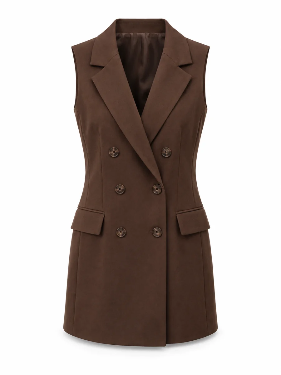 Sleeveless longline blazer, shown in Chocolate
