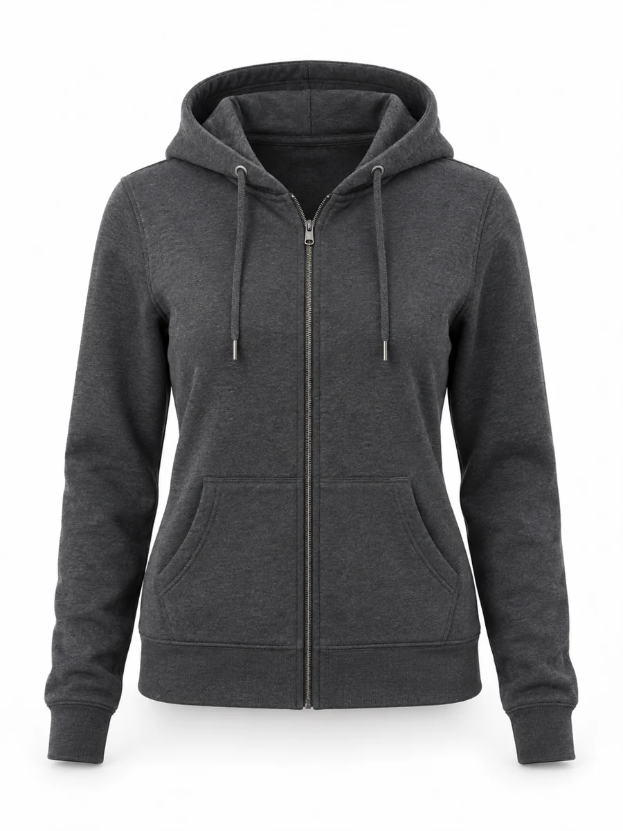 Zip-through hoodie, shown in Charcoal