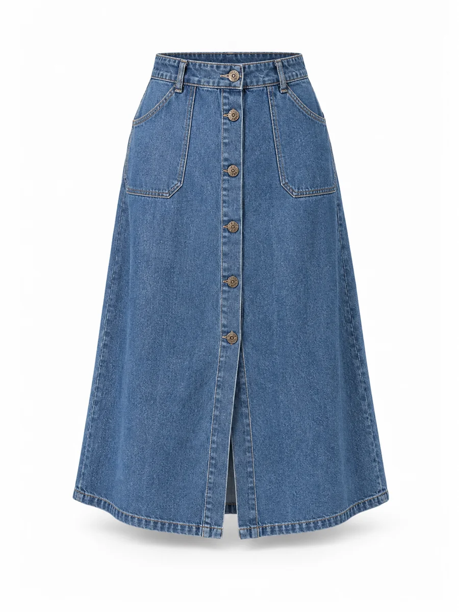 Relaxed denim-look skirt, shown in Mid Blue
