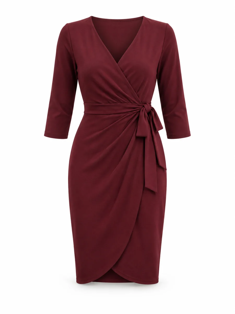 Wrap office dress, shown in Burgundy