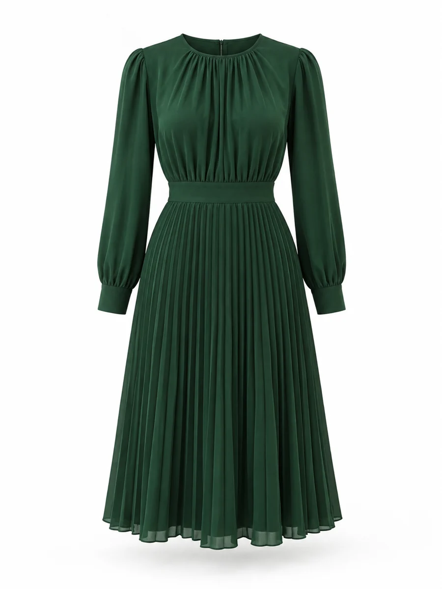 Pleated midi dress, shown in Forest Green