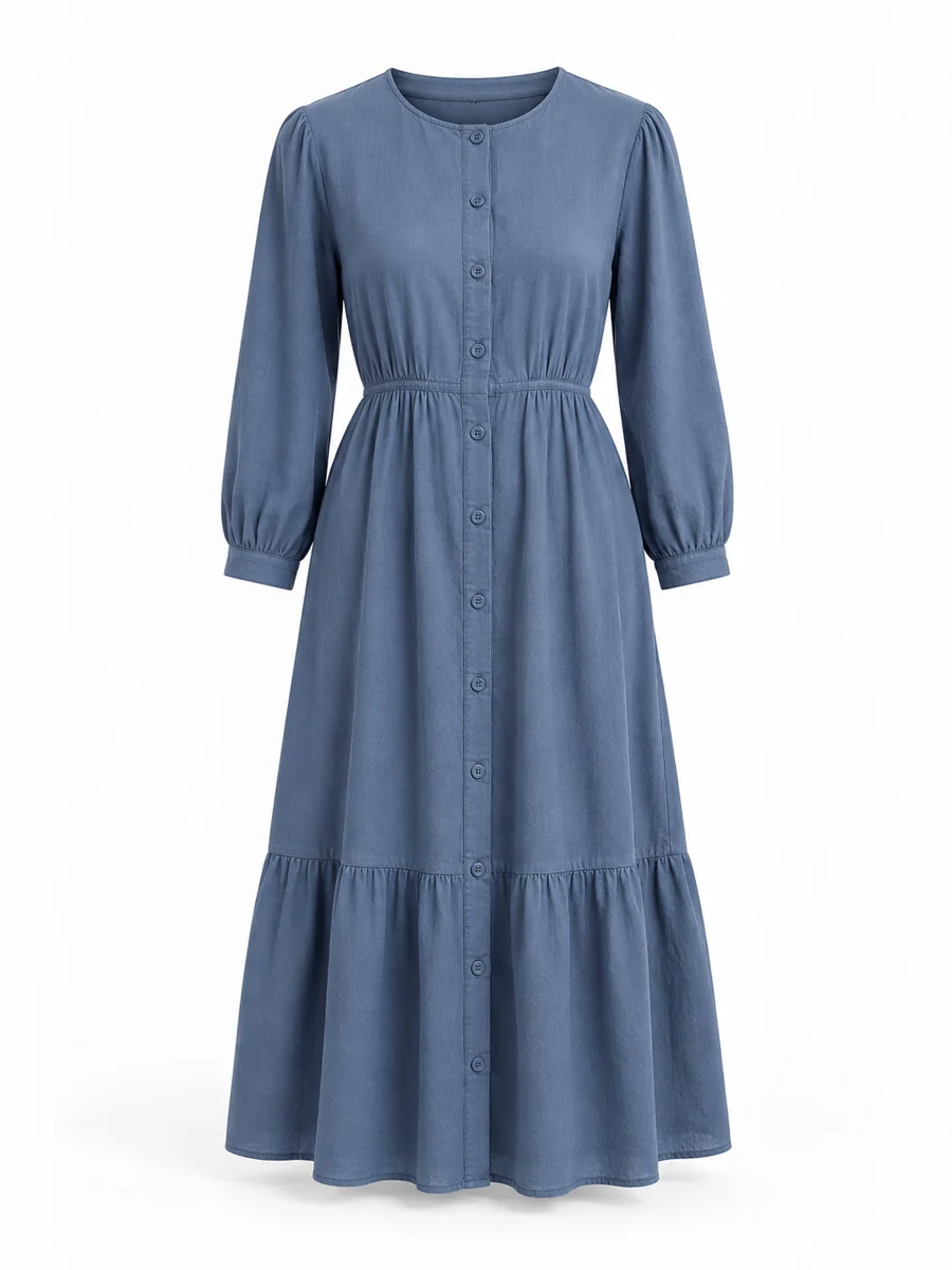 Collarless button dress, shown in Slate Blue