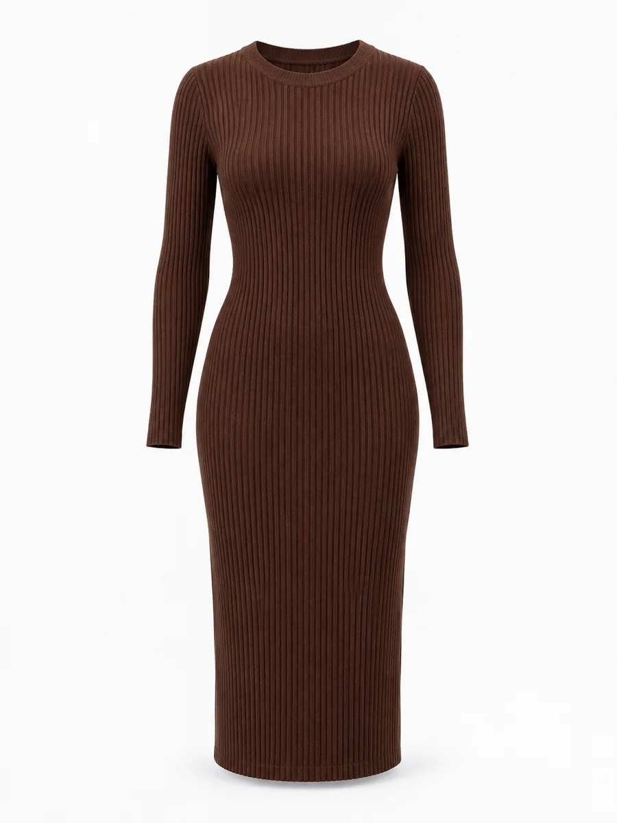 Ribbed long-sleeve dress, shown in Chocolate