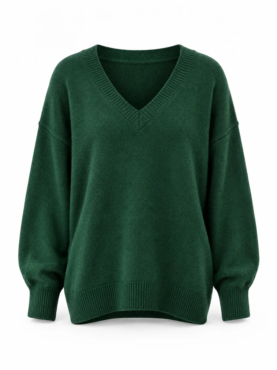 Relaxed V-neck jumper, shown in Forest Green
