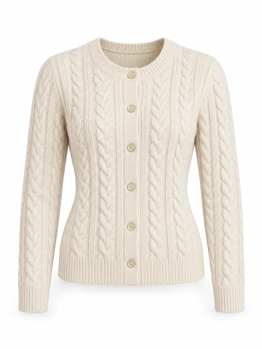 Cable-knit cardigan, shown in Ecru