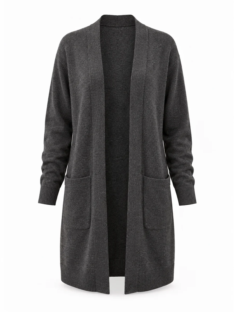 Longline open cardigan, shown in Charcoal