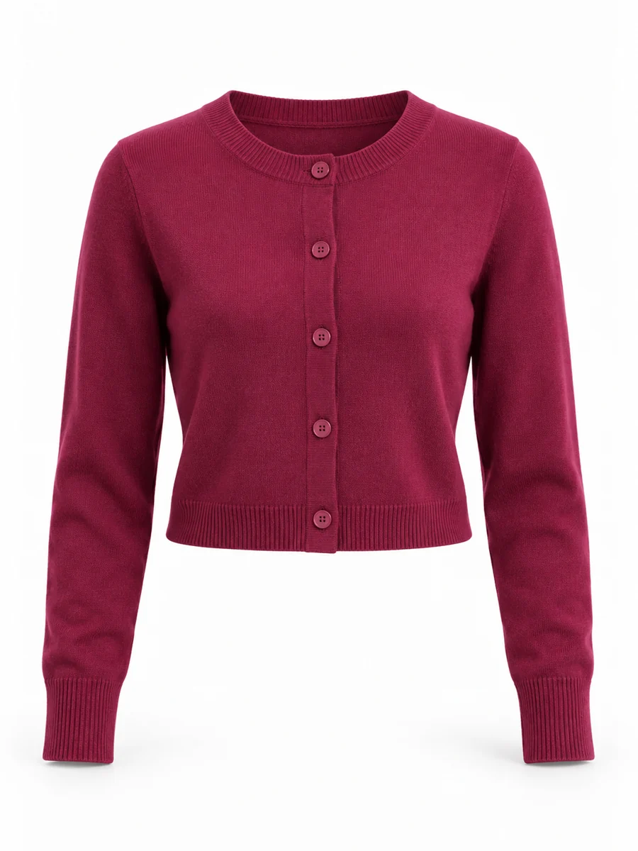 Cropped button cardigan, shown in Berry