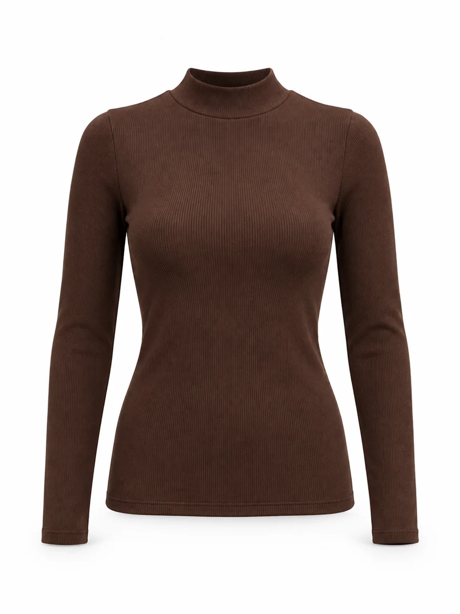 Mock-neck knit top, shown in Chocolate