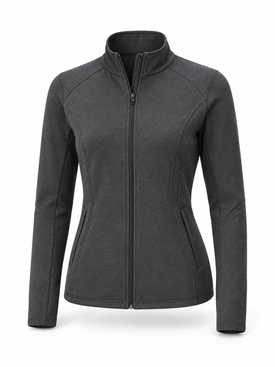 Zip-front active jacket, shown in Charcoal