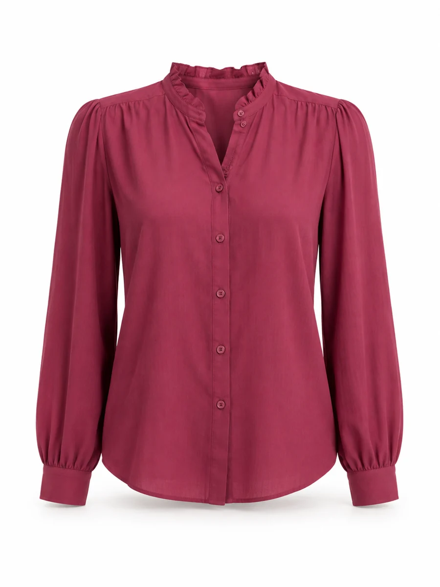 Ruffle-trim blouse, shown in Berry